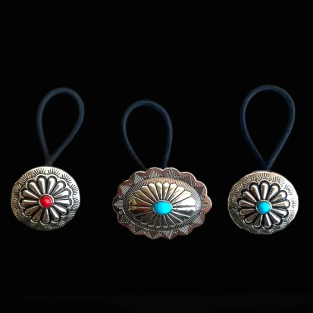 Southwestern Ponytail Holders Hair Ties Set Silver Turquoise Red Coral Stone